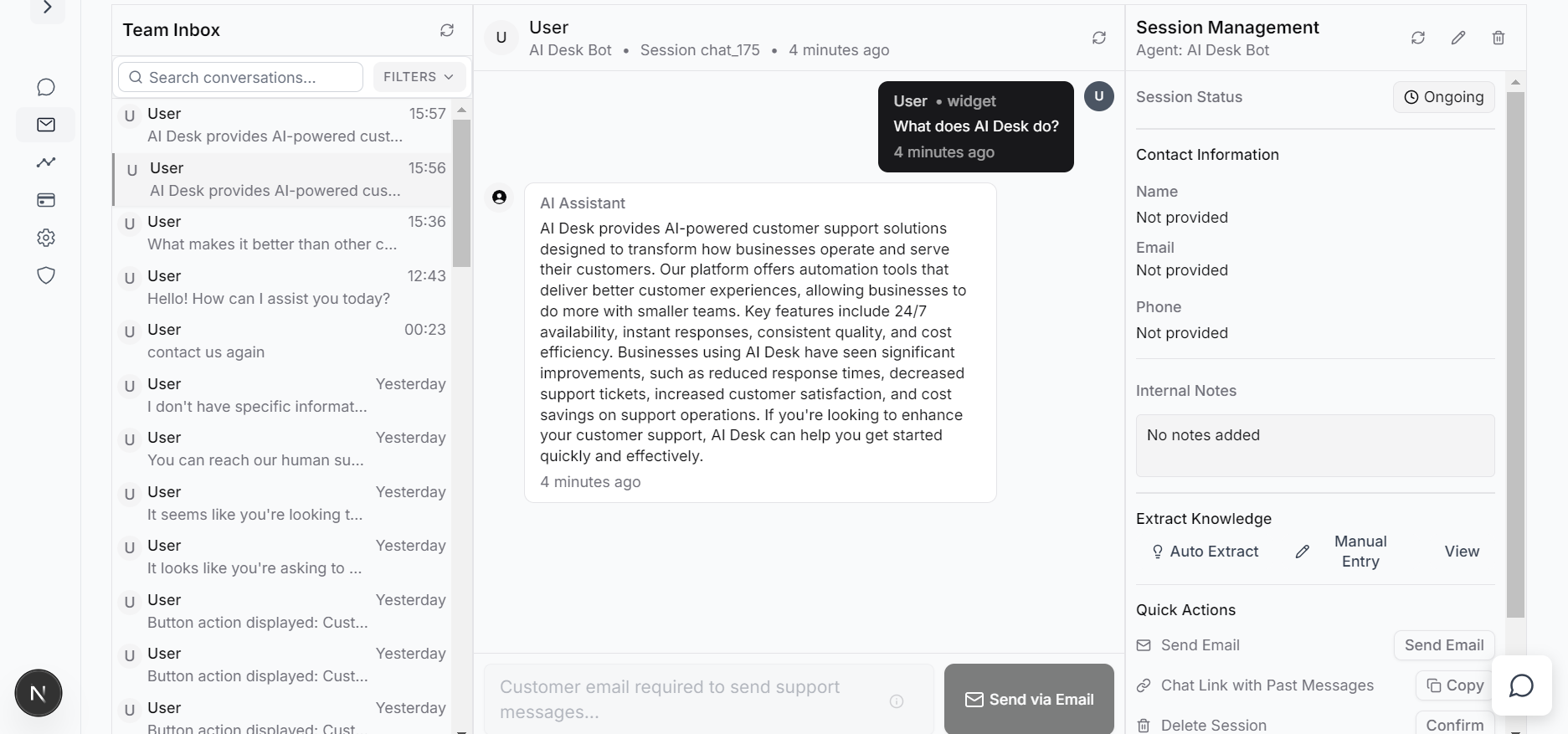 AI Desk Team Inbox Interface showing conversation management and escalation features